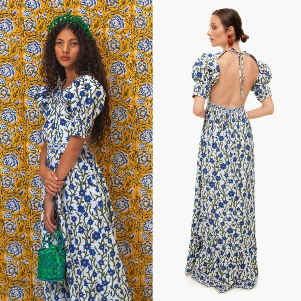 Agua by Agua Bendita Azul Amapola Pleated Cotton Poplin Maxi Dress NEW with tags - Picture 2 of 10